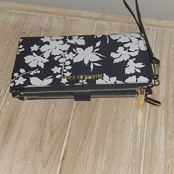 Michael Kors Jet Set Travel Double Zip Wristlet Navy Blue Floral Wallet - Picture 4 of 10